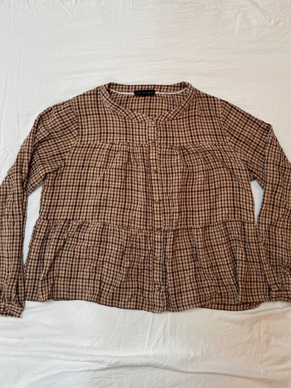 Button-Front Plaid Blouse in Brown and Black